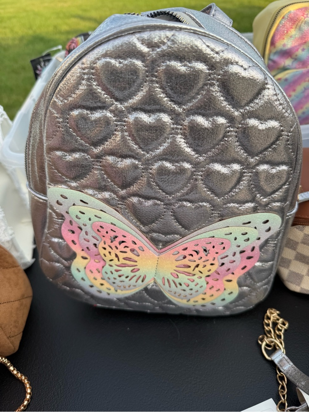 Olivia Miller Silver Heart-Quilted Backpack and Purse with Pastel Butterfly set - Picture 3 of 4